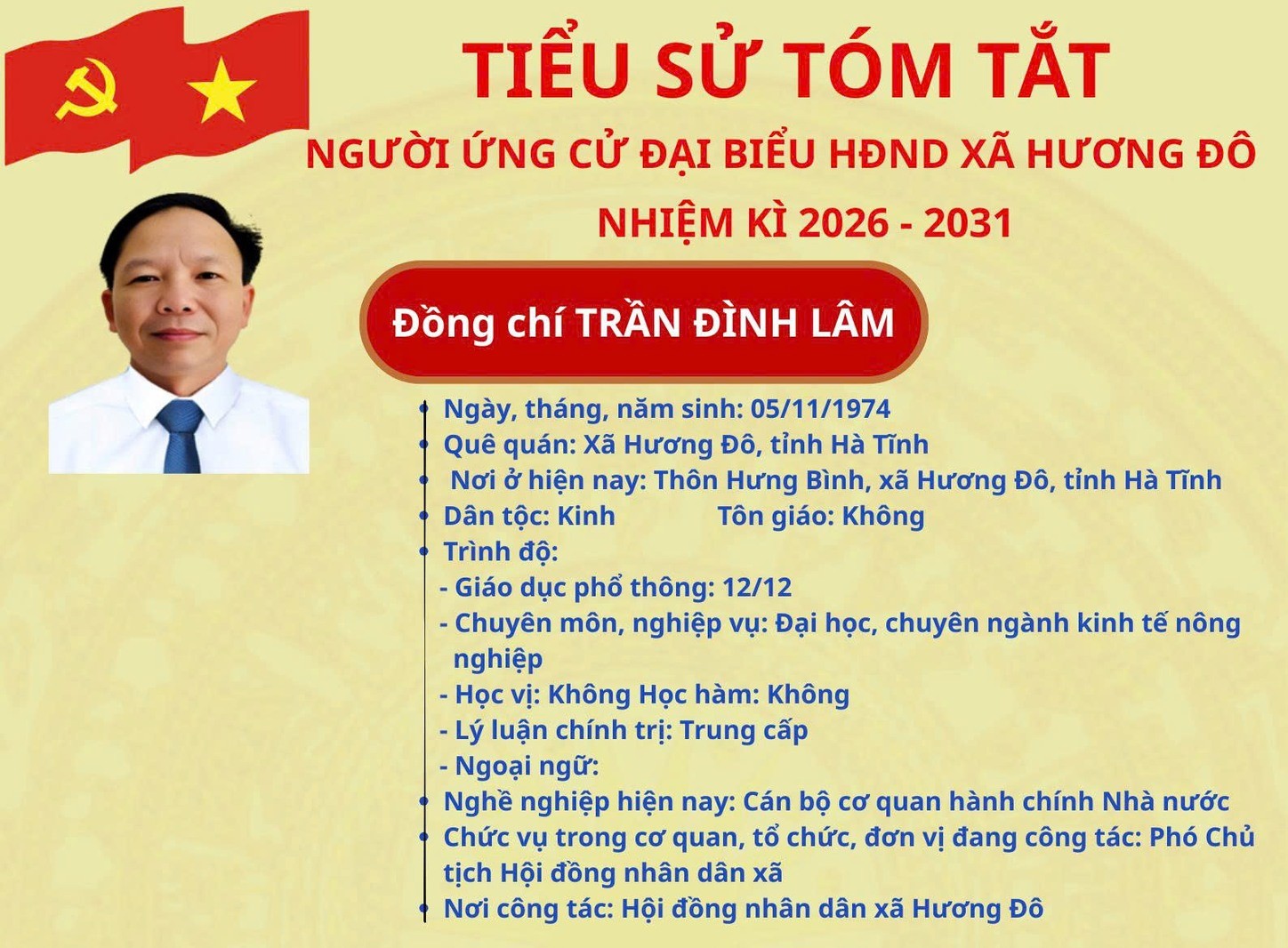 Tiểu sử tóm tắt đồng chí Trần Đình Lâm ứng viên đại biểu HĐND xã Hương Đô khóa XXII, nhiệm kỳ 2026 - 2031