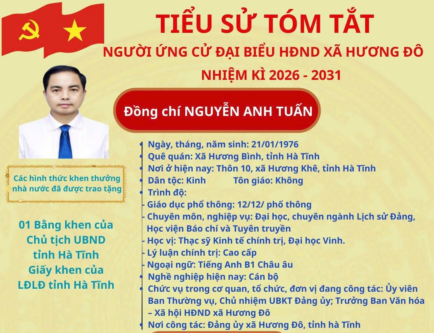 Tiểu sử tóm tắt đồng chí Nguyễn Anh Tuấn ứng viên đại biểu HĐND xã Hương Đô Khóa XXII, nhiệm kỳ 2026 - 2031