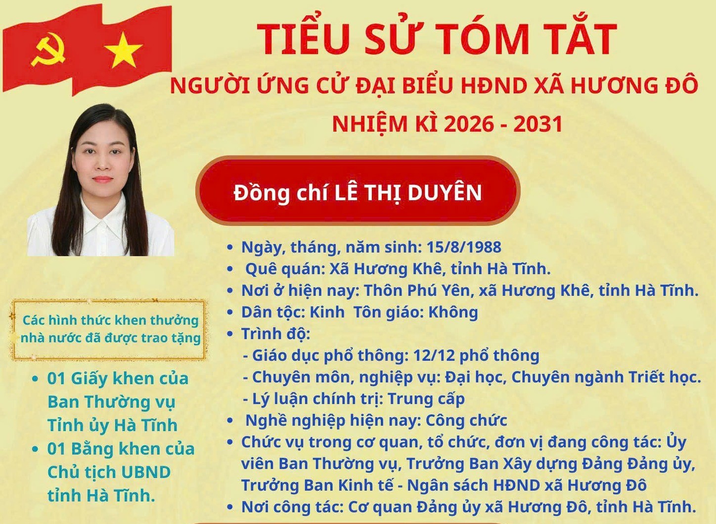 Tiểu sử tóm tắt đồng chí Lê Thị Duyên ứng viên đại biểu HĐND xã Hương Đô khóa XXII, nhiệm kỳ 2026 - 2031