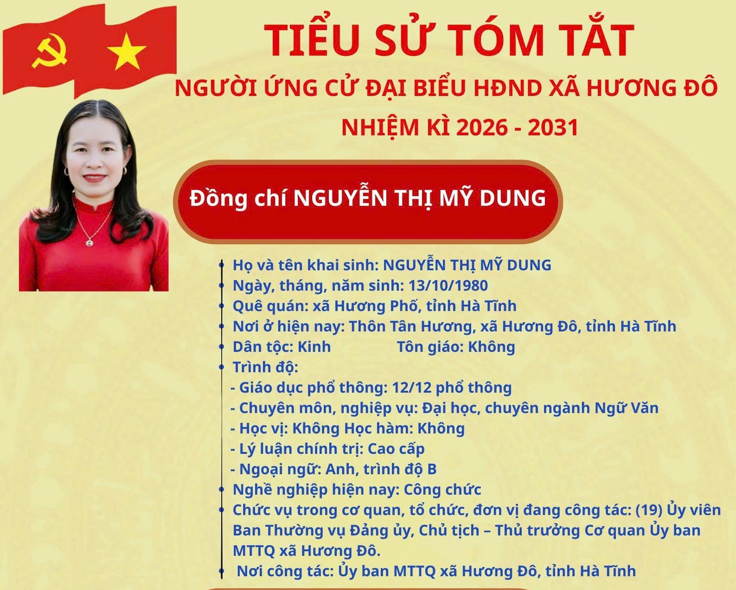 Tiểu sử tóm tắt đồng chí Nguyễn Thị Mỹ Dung ứng viên đại biểu HĐND xã Hương Đô khóa XXII, nhiệm kỳ 2026 - 2031