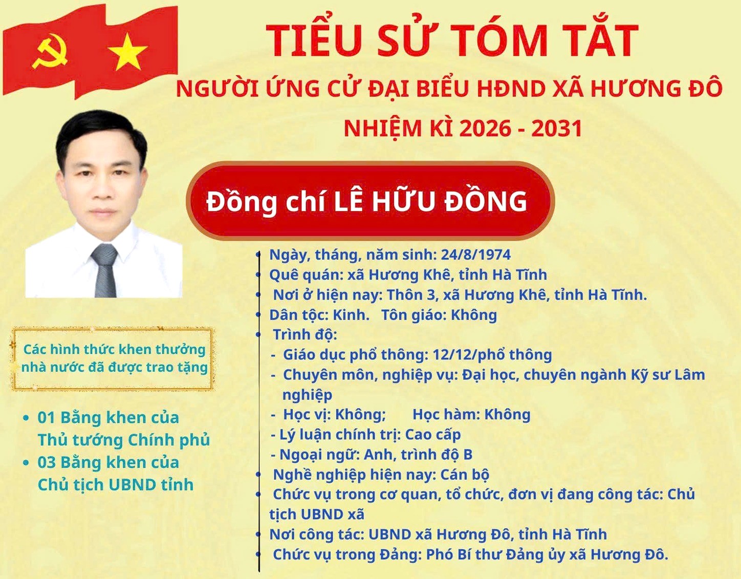 Tiểu sử tóm tắt đồng chí Lê Hữu Đồng ứng viên đại biểu HĐND xã Hương Đô khóa XXII, nhiệm kỳ 2026 - 2031
