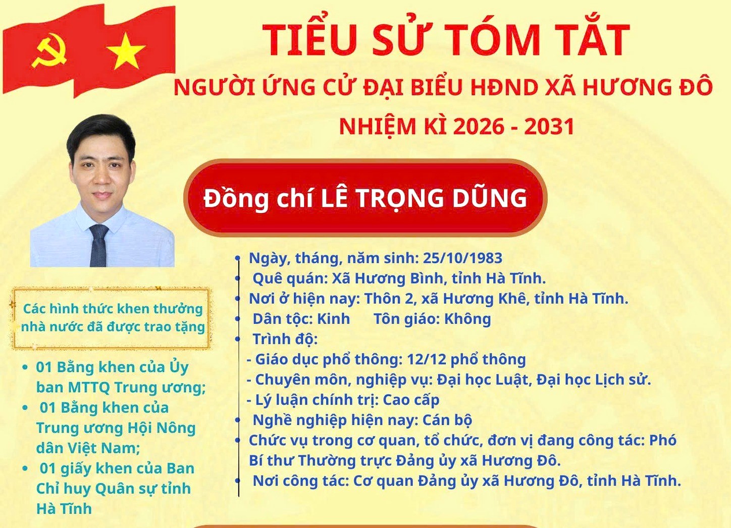Tiểu sử tóm tắt đồng chí Lê Trọng Dũng ứng viên đại biểu HĐND xã Hương Đô Khóa XXII, nhiệm kỳ 2026 - 2031 