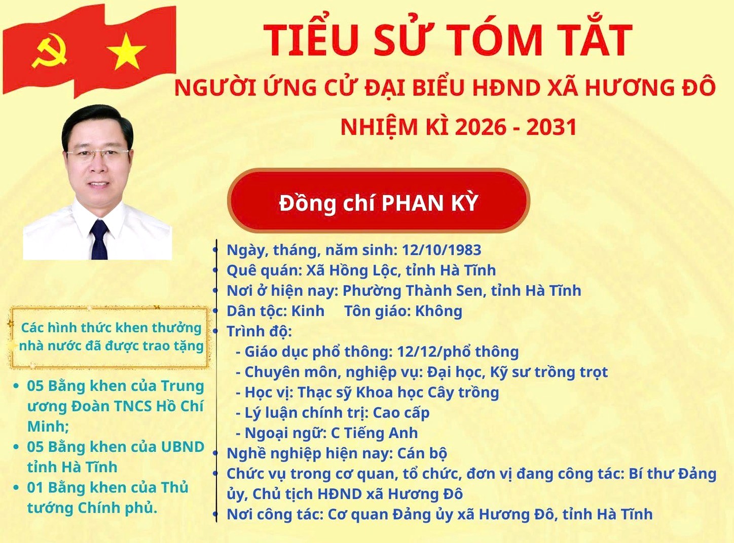  Tiểu sử tóm tắt đồng chí Phan Kỳ ứng viên đại biểu HĐND xã Hương Đô khóa XXII, nhiệm Kỳ 2026 - 2031 